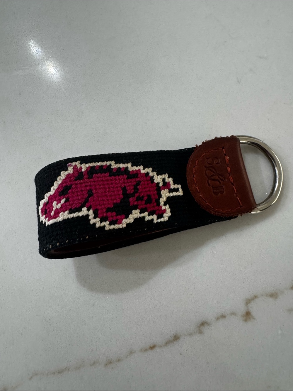 Smathers & Branson Black Needlepoint Razorback Key Fob - Collegiate Leather Trim